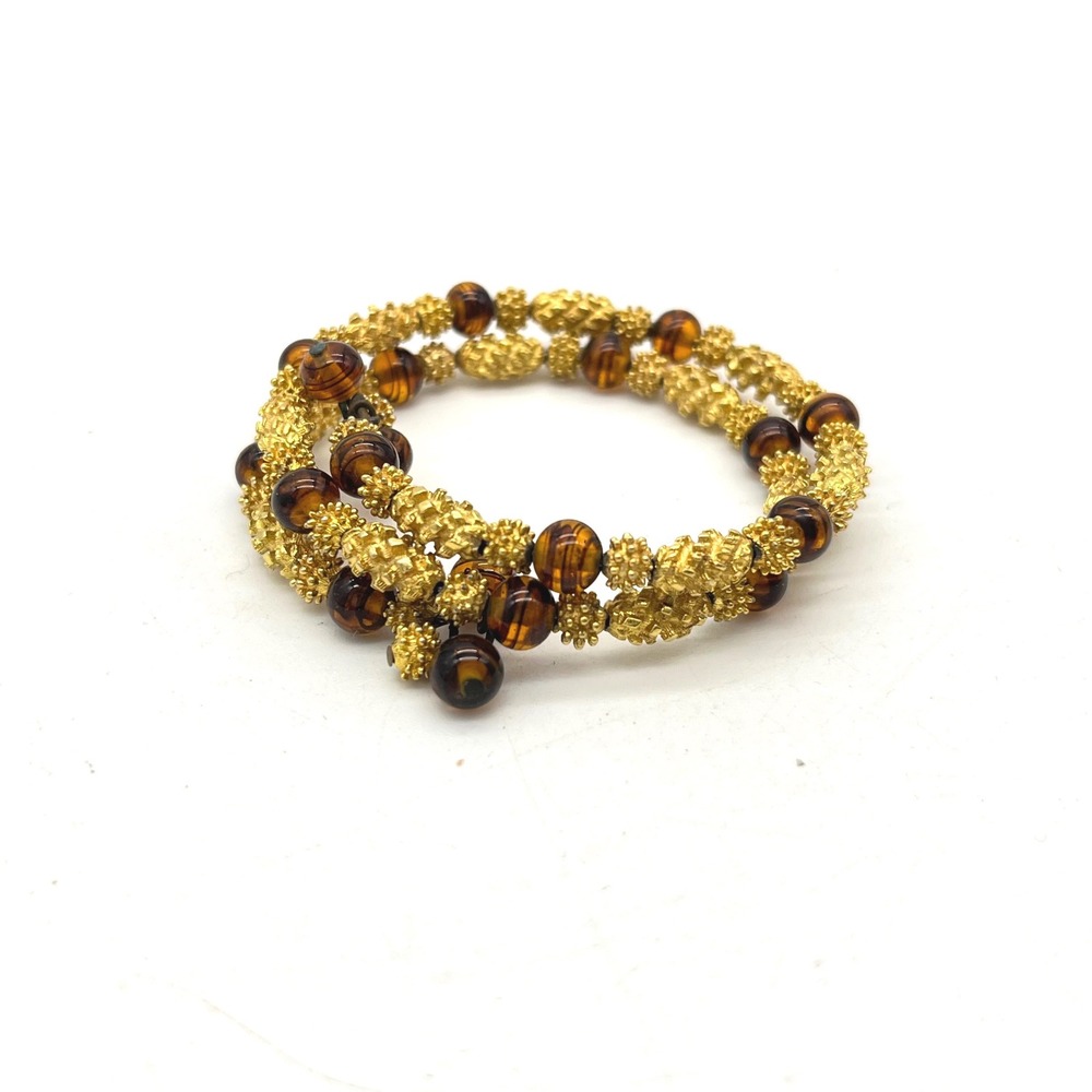Vintage Gold Tone Amber Striped Beaded Coil Wrap Bracelet Stackable Boho Style